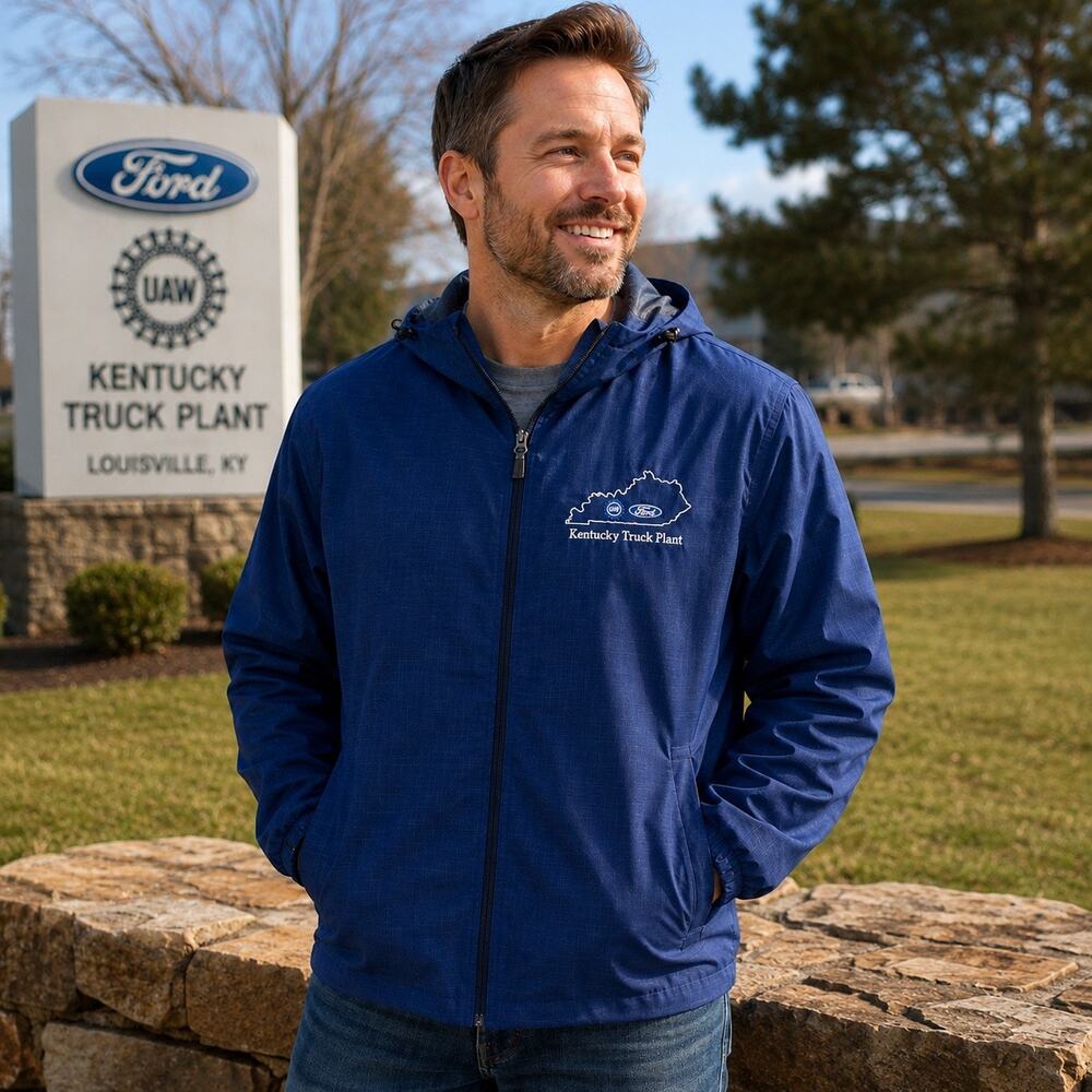Ford UAW Kentucky Truck Plant Jacket Mens L Blue Hooded Made USA Akwa Union